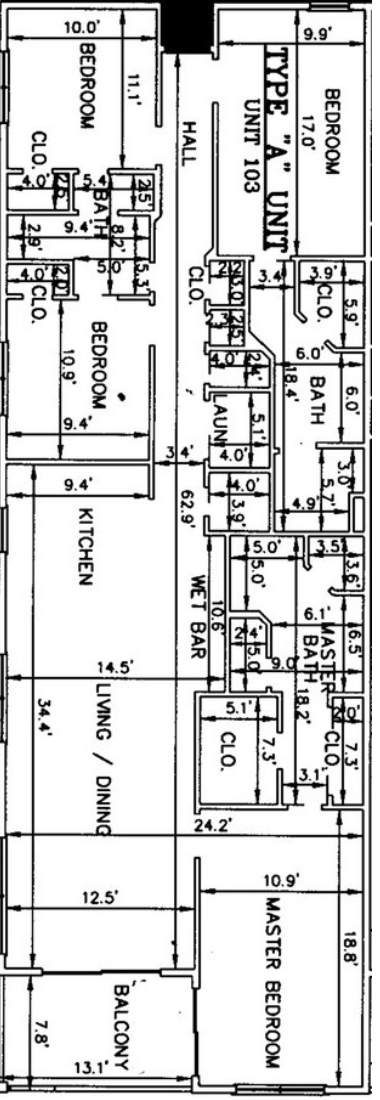 Floor plan showing 4 bedrooms, 3 bathrooms, and the balcony layout across the condo.